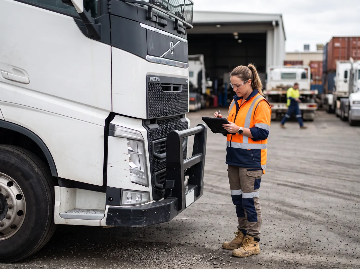 An assessor in a hi-vis vest inspecting a truck at a depot