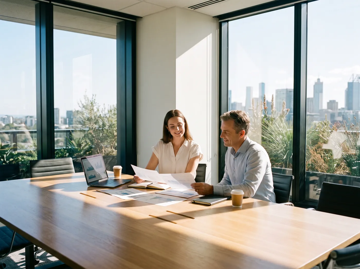 A business owner and an adviser reviewing documents in an office