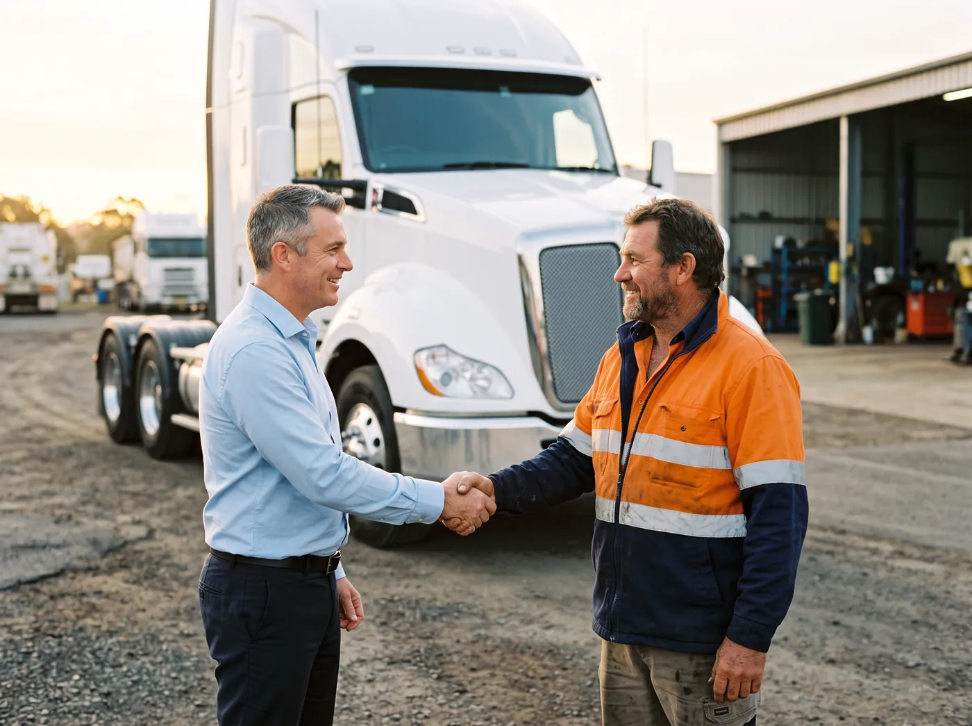 A finance broker shaking hands with a transport operator in front of a new prime mover