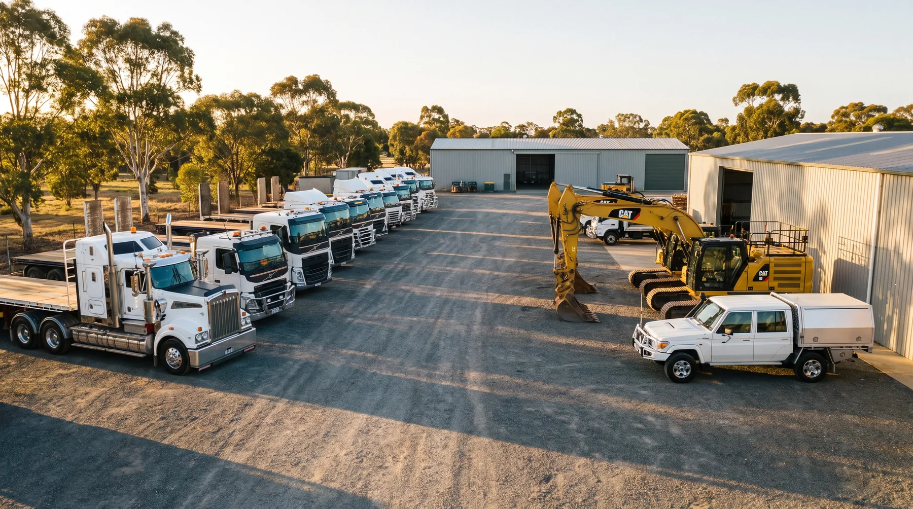 Trucks, trailers and machinery lined up at an Australian depot